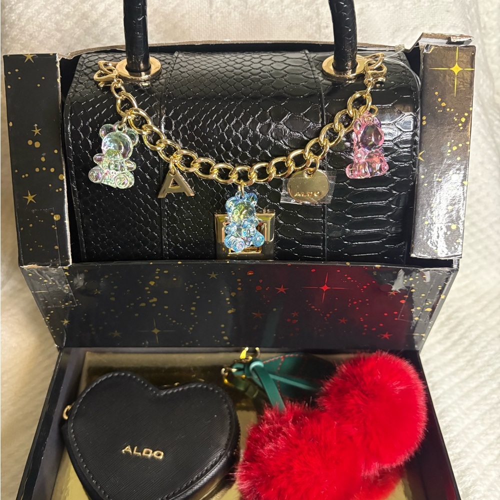 ALDO Black Croc-Embossed Satchel with Gold Chain and Charms